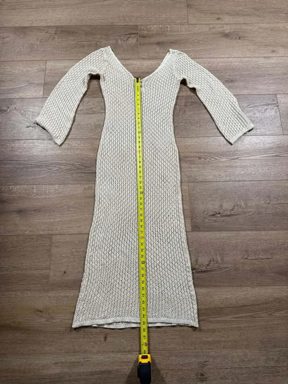Y2K Crochet Knit Maxi Dress Bell Sleeve Beach Cover Up Boho XS - S Beige - Picture 5 of 10